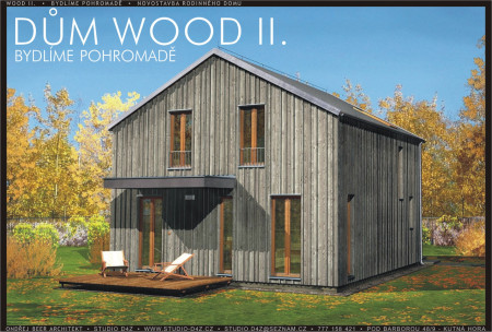 WOOD II. - bydlíme pohromadě | Pohled ze zahrady - šedé palubky. Krytá terasa navazuje přímo na jídelní část dispozice. 